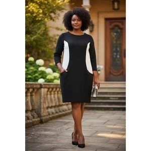 Boden Colete Ottoman Dress Black White Colorblock Ribbed Knit 3/4 Sleeve US 10R